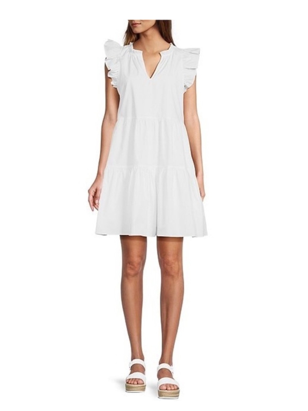 a loves a Split V-Neck Ruffle CapSleeve Tiered Crisp Poplin White Mini Dress M